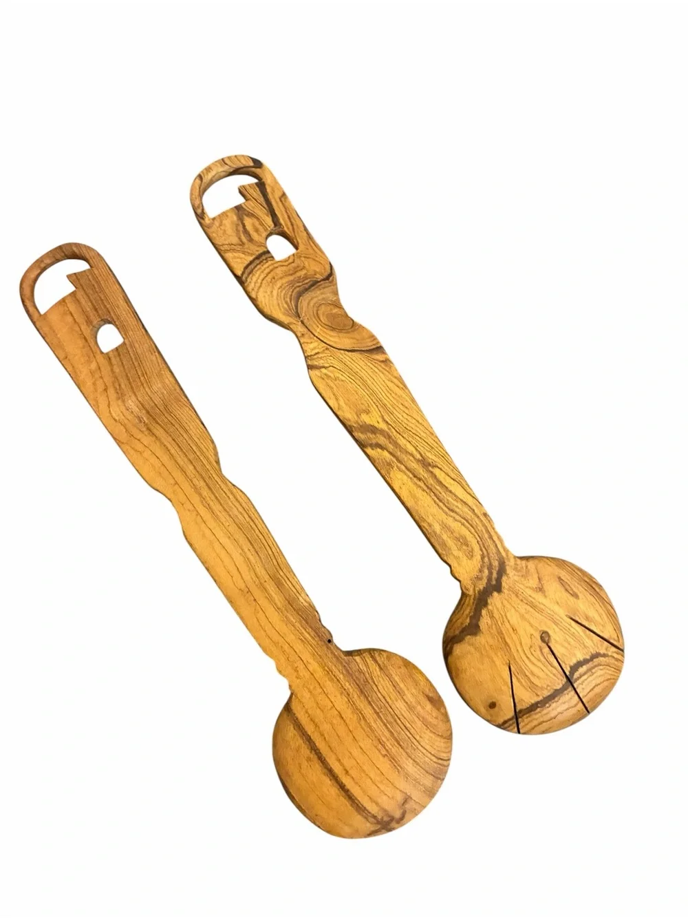 Hand Carved Olive Wood Salad Servers Set 2pc Wooden Spoon Fork Animal Motif